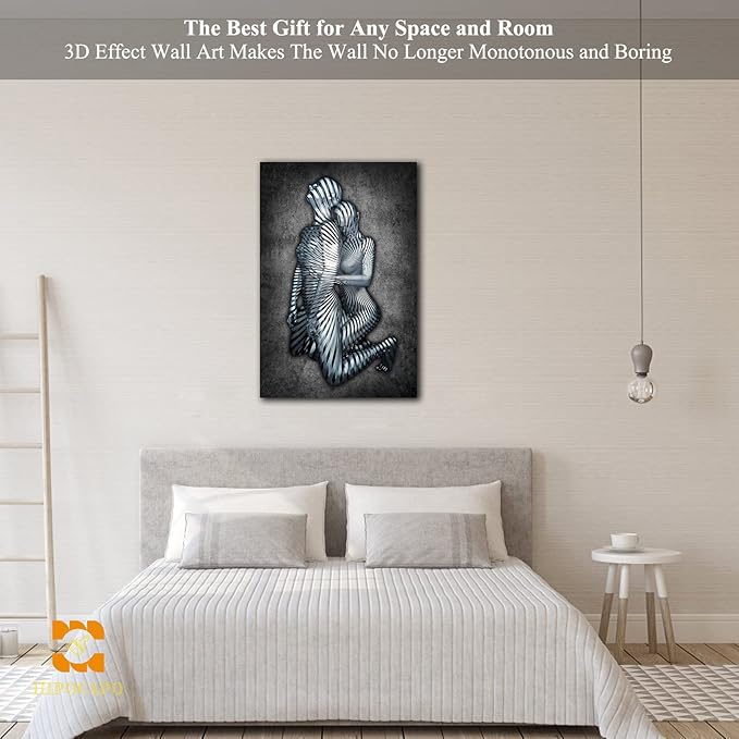 3D Metal Effect Wall Art - 3D Metal Art Wall, Modern Abstract Hug Lovers Painting Picture Poster Prints for Bathroom, Romantic Couple Living Room Canvas Wall Art Framed 18”x24”x1Pcs