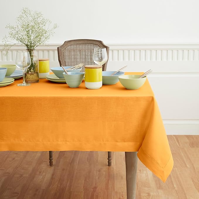 Solino Home Linen Tablecloth 52 x 52 Inch - 100% Pure Linen Tangerine Yellow Square Tablecloth - Fete, Machine Washable Table Throw for Fall, Autumn, Thanksgiving