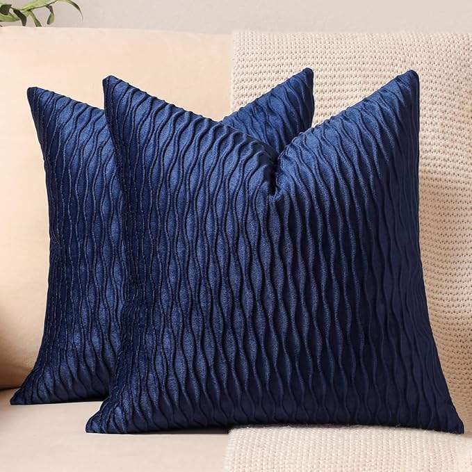 Navy Striped Couch Pillow Cases: 2 Pack 16x16 Inch Original Velvet Square Throw Pillow Covers for Farmhouse Home Decor