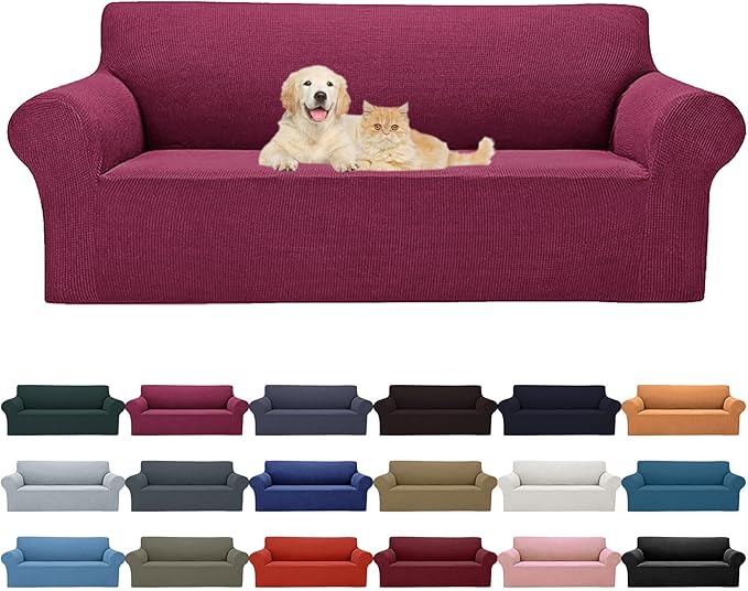 Cupuamon 2025 New Stretch Sofa Slipcovers Couch Cover for 3 Cushion Furniture Protector Sofa Covers with Elastic Bottom Jacquard Fabric Small Checks for Pets, Kids -Sofa, Wine