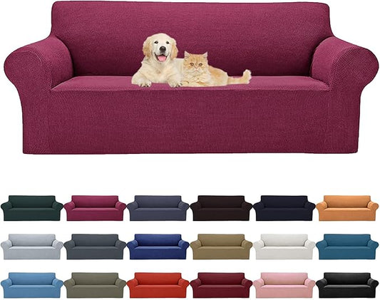 Cupuamon 2025 New Stretch Sofa Slipcovers Couch Cover for 3 Cushion Furniture Protector Sofa Covers with Elastic Bottom Jacquard Fabric Small Checks for Pets, Kids -Sofa, Wine