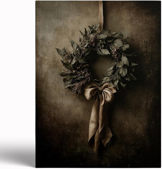 Christmas Wreath Still Life Print,Antique Holiday Wall Art,Rustic Winter Decor,Neutral Olive Green Painting,Moody Farmhouse Print