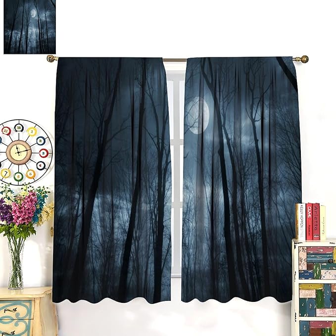 Forest Moon Gothic Blackout Curtains, Black Nature Tree Scenery Foggy Woodland Landscape Art Printed Window Drapes, for Living Room Bedroom 31.5(W)*72(L) 2 Panels