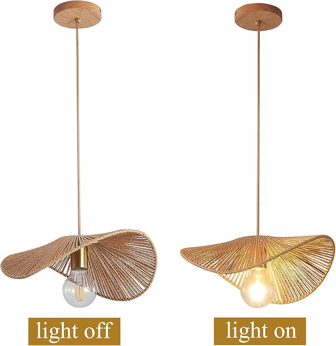 Boho Rattan Pendant Light Fixture Modern Style Hanging Light Bamboo Handwoven 1-Light Hanging Lamp for Farmhouse Bedroom Living Room Dining Room