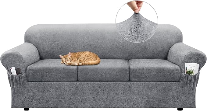 Sofa Slipcover with Armrest Pockets 4-Piece Set, Stretch Faux Leather Couch Cover for 3-Cushion Couches(Fits 72-92") - Non-Slip, Machine Washable, Pet & Kid Friendly - Light Gray
