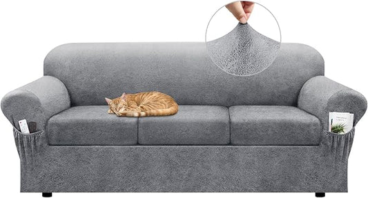 Sofa Slipcover with Armrest Pockets 4-Piece Set, Stretch Faux Leather Couch Cover for 3-Cushion Couches(Fits 72-92") - Non-Slip, Machine Washable, Pet & Kid Friendly - Light Gray