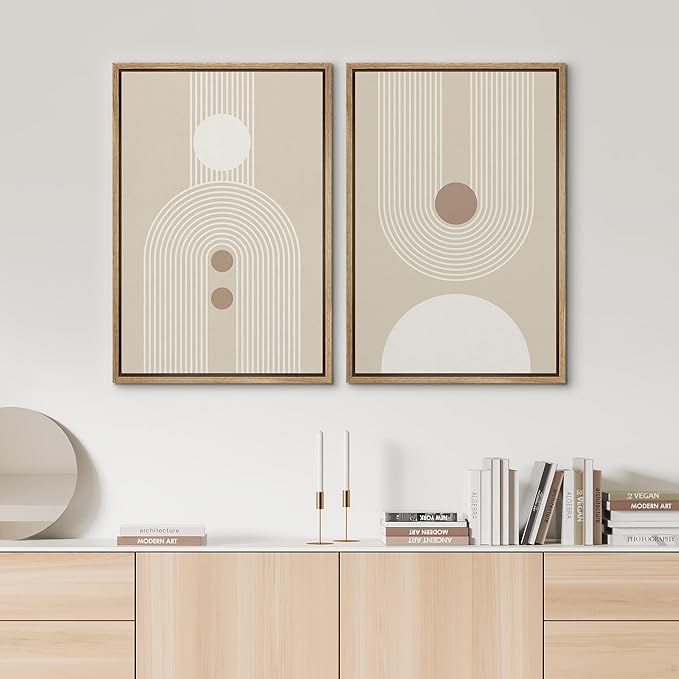 SIGNWIN Framed Canvas Print Wall Art Set Retro Nordic Geometric Pattern Abstract Shapes Cozy Neutral Modern Art Decorative Nordic Multicolor for Living Room, Bedroom, Office - 24"x36"x2 Natural