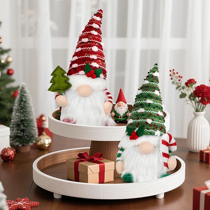 Christmas Gnome Decorations Indoor 11.4inch Light Up Christmas Gnomes Plush Home Decor Leprechaun Hold Candy Cane Ornaments with LED Lights Elf Tiered Tray Xmas Gifts Decor (Set of 2)