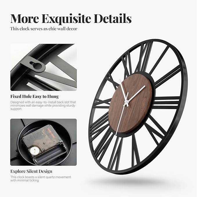 Modern Wall Clocks for Living Room, 16 inch Wood Walnut Dial Decorative Wall Clock Battery Operated, Non Ticking Silent Big Round Black Metal Clock, Bedroom, Kitchen, Office Decor-Roman Numerals