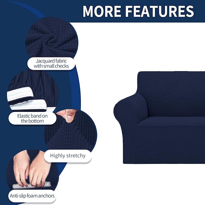 Cupuamon 2025 New Stretch Loveseat Sofa Slipcovers Couch Cover for 2 Cushion Furniture Protector Sofa Covers with Elastic Bottom Jacquard Fabric Small Checks for Pets, Kids - Navy