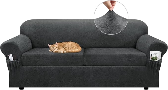 Sofa Slipcover with Armrest Pockets 3-Piece Set, Stretch Faux Leather Couch Cover for 2-Cushion Couches(Fits 72-92") - Non-Slip, Machine Washable, Pet & Kid Friendly - Gray