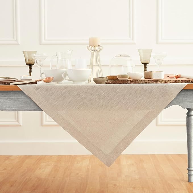 Solino Home Light Natural Linen Tablecloth 52 x 52 Inch - 100% Pure Linen Square Table Throw - Athena, Machine Washable Tablecloth for Fall, Autumn, Thanksgiving, Holiday