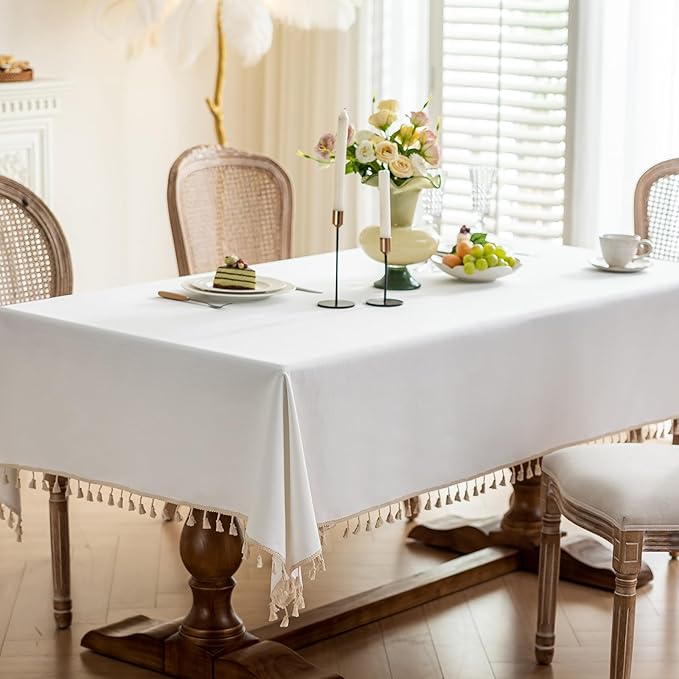 Heavy Duty Cotton Tablecloth Soft Wrinkle Resistant Fabric with Decorative Tassles Fringe for Kitchen Dining Table, Natural White, 55x70 Inch,1 Pack