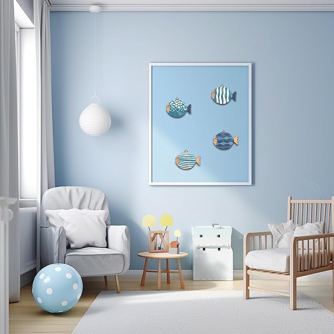 Vumyhuby Wooden Fish Wall Art with Coastal Ocean Theme Decor - Handcrafted Natural Wood Fishs Wall Sculpture Set of 4, Rustic Hanging for Linving Room, Beach, Nautical, or Coastal Home Decoration, Unique Gifts,B