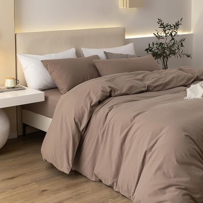 JIYUAN 100% Washed Cotton Duvet Cover Set 3 Pieces Super Queen, 1 Duvet Cover 90x98 Inches(Comforter Not Included) and 2 Pillowcases,Linen Feel Bedding Set Comfy and Breathable,Light Brown