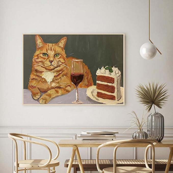 Eeuqiauot Vintage Cat Canvas Wall Art Abstract Cat with Cake Poster Cute Animal Prints Vintage Animal Drink Wine Poster Funny Kitty Pictures Wall Decor 16x24in Unframed