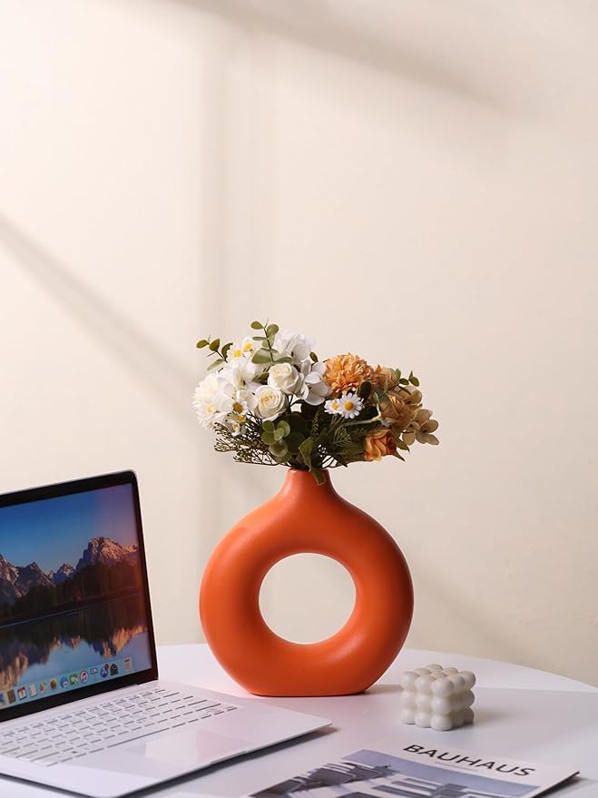 Modern Donut-Shaped Decorative Vases, Handmade Minimalist Boho ins Style, Modern Vase for Home Decor for Wedding Dinner Table Party Living Room Office Bedroom (Orange, Small)