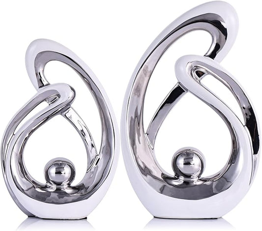 Home Decor Accent,Porcelain Art Mid Century Bookshelf Decorations,Gold Centerpieces for Tables,Abstract Ceramic Statue Sculpture for Coffee Table Mantel Tv Stand Centerpieces (White Silver, Large)