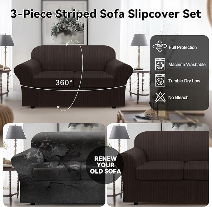 100% WaterproofLoveseat Cover 3-Piece Set Striped Loveseat Slipcovers for 2 Cushion Couch Sofa Covers with TPU Leakproof Bottom Stretch Couch Protector Pet Proof - Loveseat, Coffee
