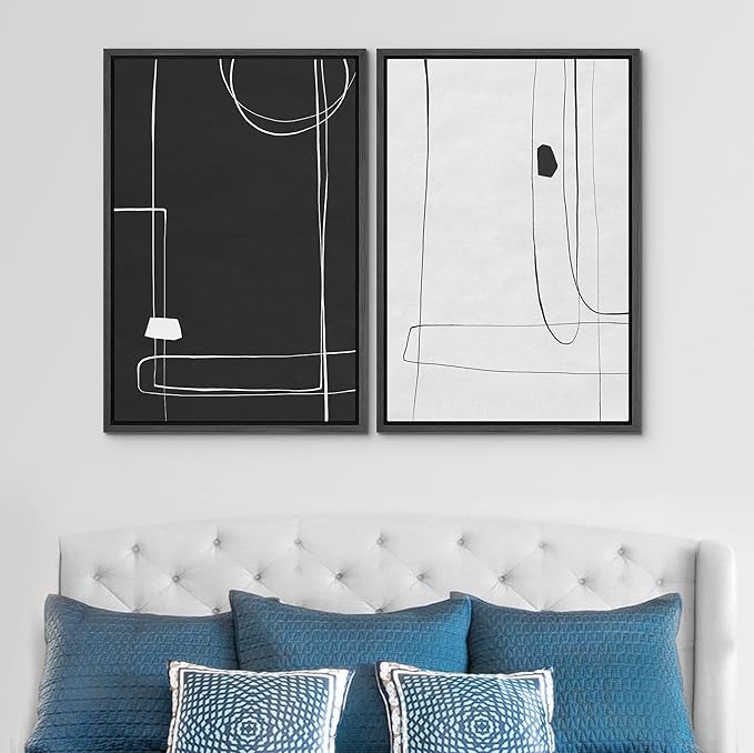 SIGNWIN Framed Canvas Print Wall Art Set Grunge Mid-Century Geometric Lines Abstract Shapes Illustrations Modern Art Minimal Boho Relax/Calm for Living Room, Bedroom, Office - 16"x24"x2 Black
