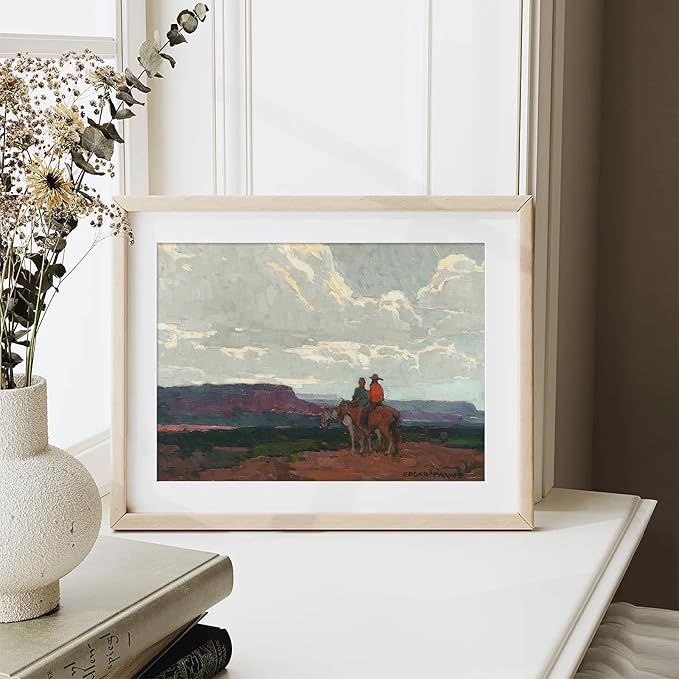 XOCUUI Western Cowboy Unframed Canvas Wall Art Vintage Print Oil Paintings, Horse Rider At Sunset Print Rustic Mountain Landscape Painting, Mid Century Antique Moody Retro Artwork Wall DéCor(8"X10")