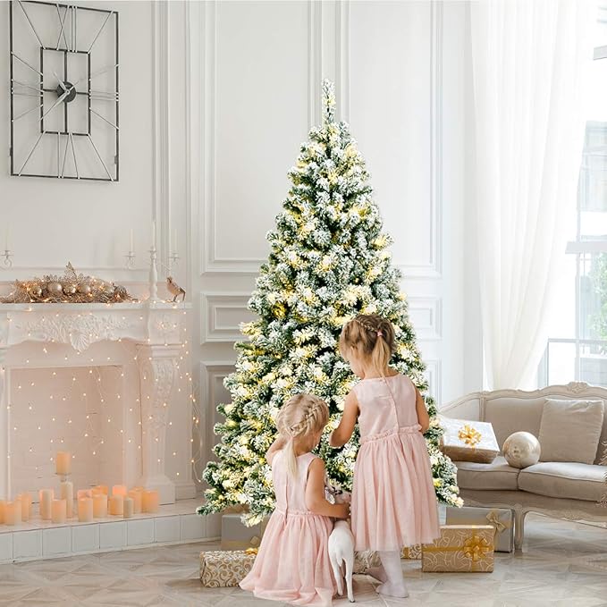 Happygrill 6FT Pre-lit Artificial Hinged Christmas Pine Tree Snow Flocked Christmas Tree with Solid Metal Stand Flexible Branches Traditional Festival Decoration Tree