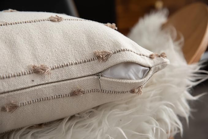 Caflife Boho Throw Pillow Covers 20x20 inches Beige and Natural Linen, Set of 2 Modern Farmhouse Decorative Pillow Covers for Couch Bed, Living Room