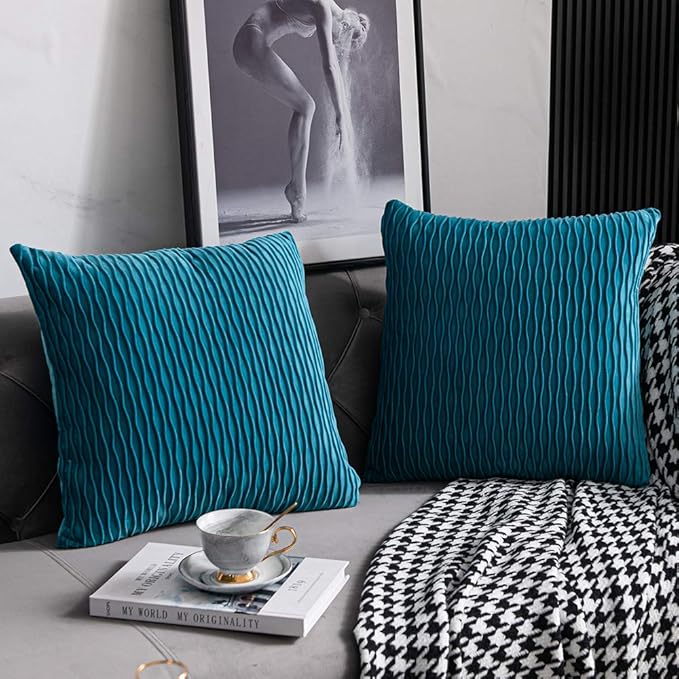 Turquoise Throw Pillow Cases 22x22: 2 Pack Inch Original Striped Velvet Square Decorative Pillow Covers for Farmhouse Couch