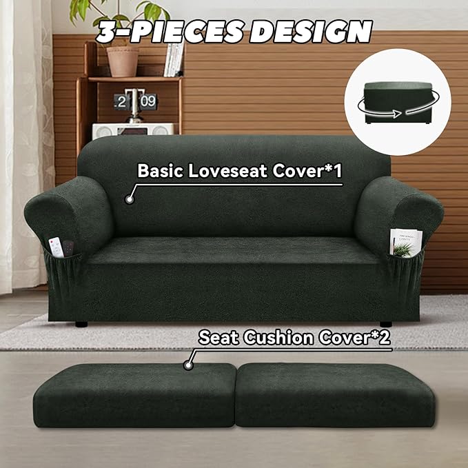 Sofa Slipcover with Armrest Pockets 4-Piece Set, Stretch Faux Leather Couch Cover for 3-Cushion(Fits 72-92") - Non-Slip, Machine Washable, Pet Friendly (Military Green, 2 Cushion Loveseat)