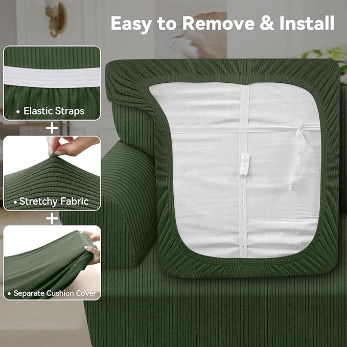 Waterproof Loveseat Cover 3-Piece Set Striped Slipcover for 2 Separate T Cushion Couch - TPU Fabric 2-Seater Sofa Covers Leakproof Couch Protector for Kids, Pets(Loveseat, Military Green)
