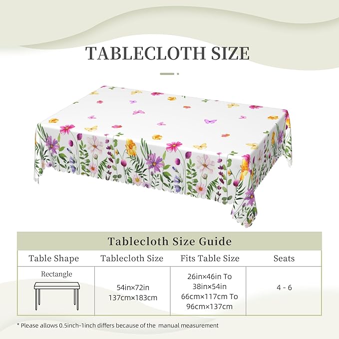 Flower Tablecloth Aesthetic Floral Wildflowers Butterfly Rectangle Tablecloth Floral Botanical Style Table Cover 54×72 Inch Washable Table Cloth for Kitchen Dining Room Party Decoration