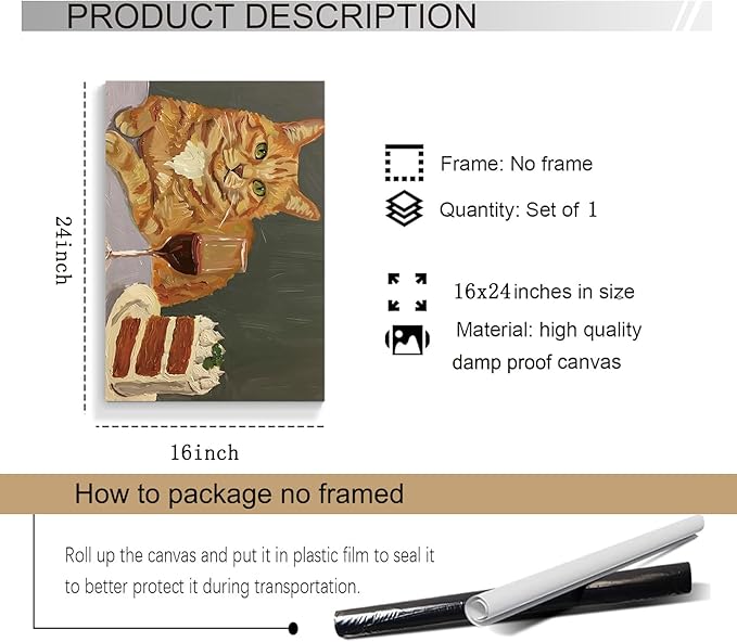 Eeuqiauot Vintage Cat Canvas Wall Art Abstract Cat with Cake Poster Cute Animal Prints Vintage Animal Drink Wine Poster Funny Kitty Pictures Wall Decor 16x24in Unframed