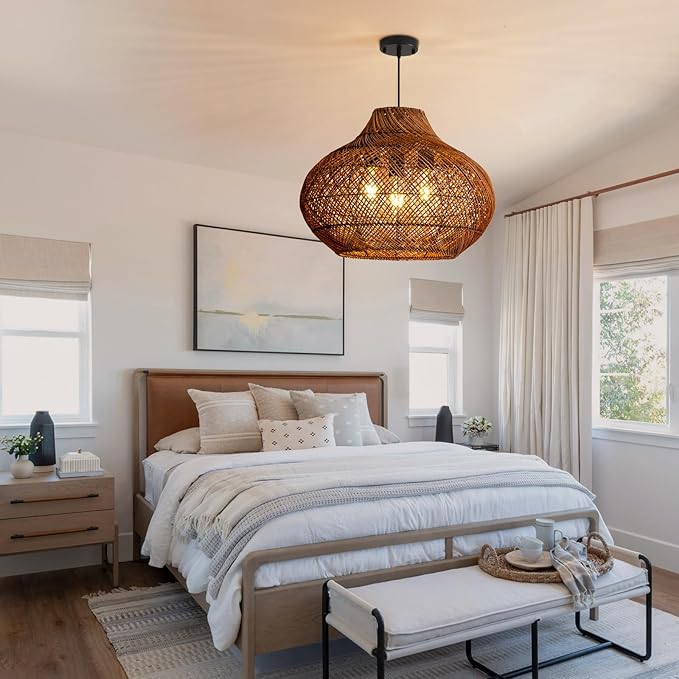 Boho Rattan Pendant Lights 18.9IN Hand-Woven Wicker Chandelier Rattan Basket Ceiling Hanging Light Fixtures for Dining Room Kitchen Island Living Room Entry Hallway Reataurant