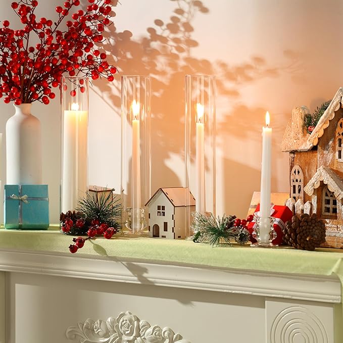 96 Set Christmas Glass Hurricane Candle Holders 12.6" Open Ended Glass Candleholder Tube Shape Bottomless and 2.2" Taper Clear Candlestick Holders for Wedding Party Table Centerpiece (Clear)