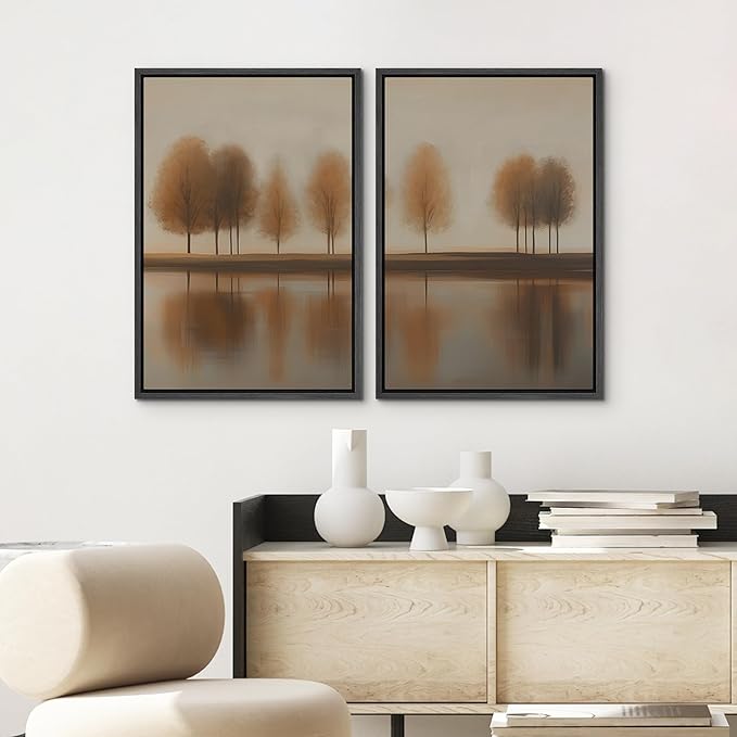 SIGNWIN Framed Canvas Print Wall Art Set Autumn Trees by The Lake Warm Brown Landscape Illustrations Modern Art Scenic Colorful for Living Room, Bedroom, Office - 16"x24"x2 Black