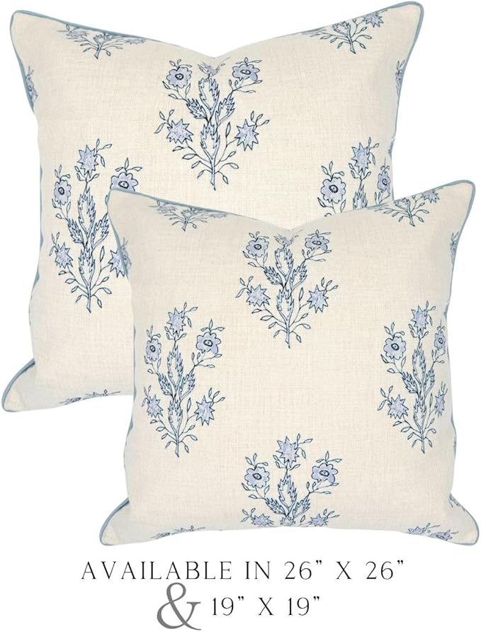 “The Mary” Periwinkle Floral Block Print Pillow Cover – Blue and Off-White Decorative Throw Pillow Cover – Grandmillennial Home Decor, 26" x 26"