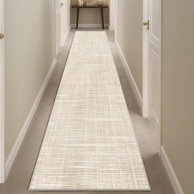 Enkor Runner Rug for Hallway, 2x10 Washable Soft Non Slip Abstract Rug for Kitchen, Modern Mat for Entryway Living Room Bedroom Beige Grid