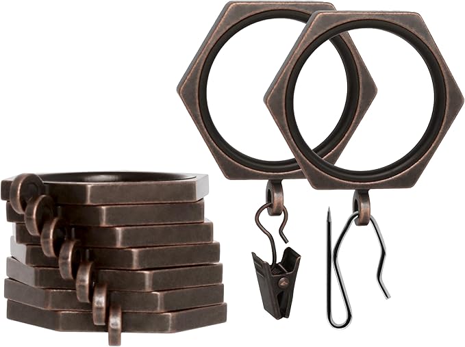 BlastHome® Luxury Curtain Rings - Premium Metal with Quiet, Smooth Nylon Inserts - Pinhooks and Clips Included - 1 1/2" Inside Diameter - 9 Rings for One Standard Curtain - Oil Rubbed Bronze