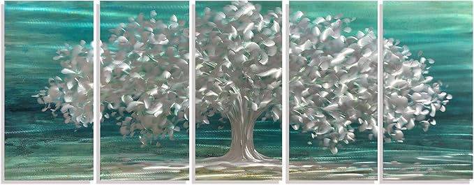 RICHSPACE ARTS Tree of Life Metal Wall Art Teal Blue Wall Sculpture Accent 3d Art Nature Theme Abstract Ornament For Home and Kitchen Set of 5 Panels