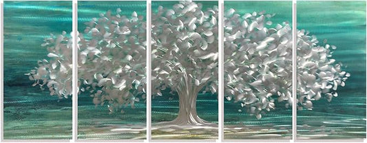 RICHSPACE ARTS Tree of Life Metal Wall Art Teal Blue Wall Sculpture Accent 3d Art Nature Theme Abstract Ornament For Home and Kitchen Set of 5 Panels