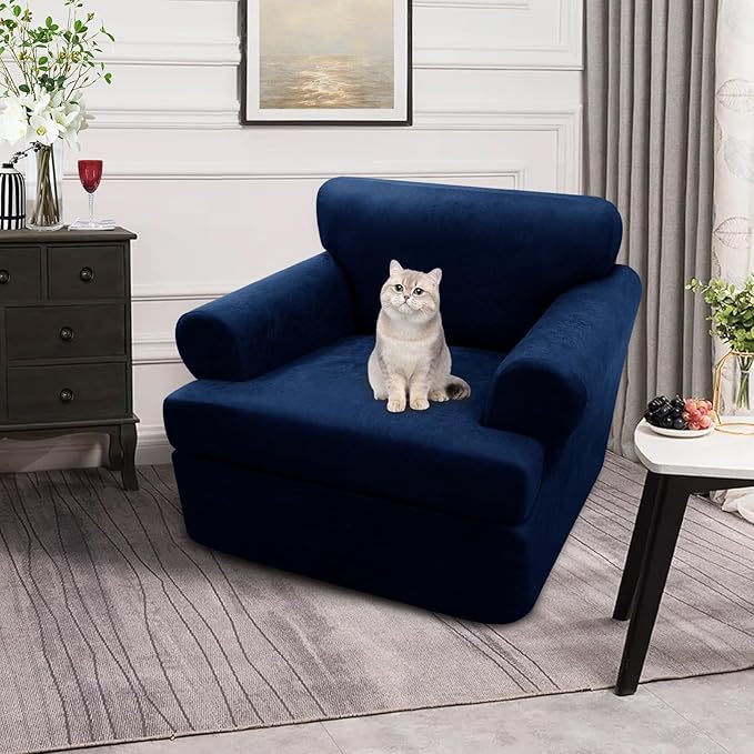 2-Pieces T Cushion Armchair Slipcovers Leather Look Couch Cover Chair Covers Stretch Furniture Protector Sofa Cover with 1 Individual T Cushion Seat Cover Slipcover Sets Washable, Navy