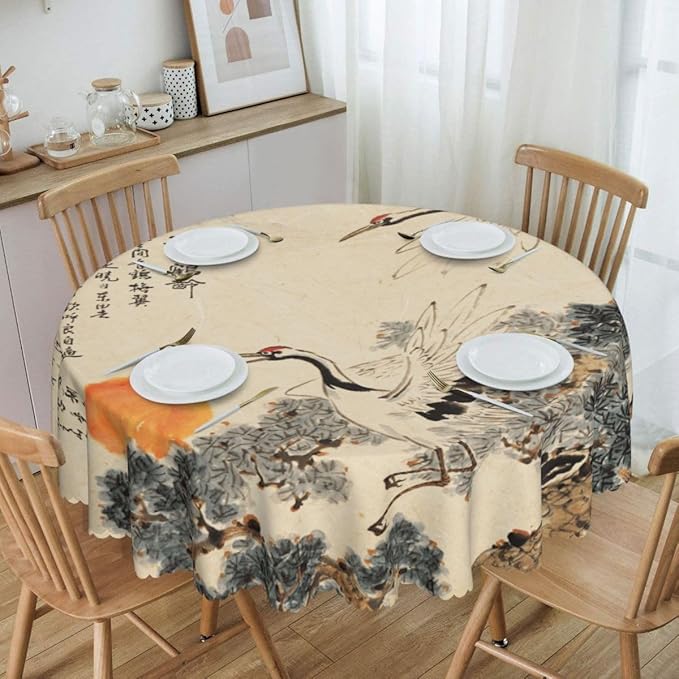 Japanese Tablecloth, Traditioanal Chinese Landscape Oriental Crane Vintage Ink Painting Water Resisitant Wipeable Table Cover for Dining Kitchen Living Room Home Party Holiday Decor 60 inch Round