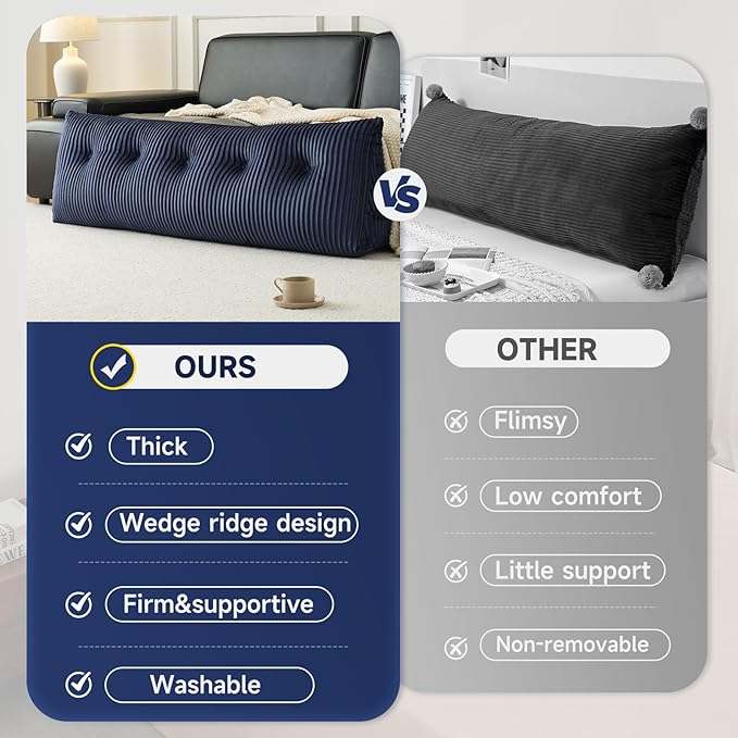 Z-hom King Headboard Pillow, Triangular Wedge Reading Pillow for Bed or Sofa, Ergonomic Backrest Cushion for Sitting Up, Reading or Relaxing, with Side Pocket，Removable Washable Cover,Blue