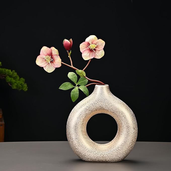 Modern Donut-Shaped Decorative Vases, Handmade Minimalist Boho ins Style, Modern Vase for Home Decor for Wedding Dinner Table Party Living Room Office Bedroom (Gold, Extra Large + Large)