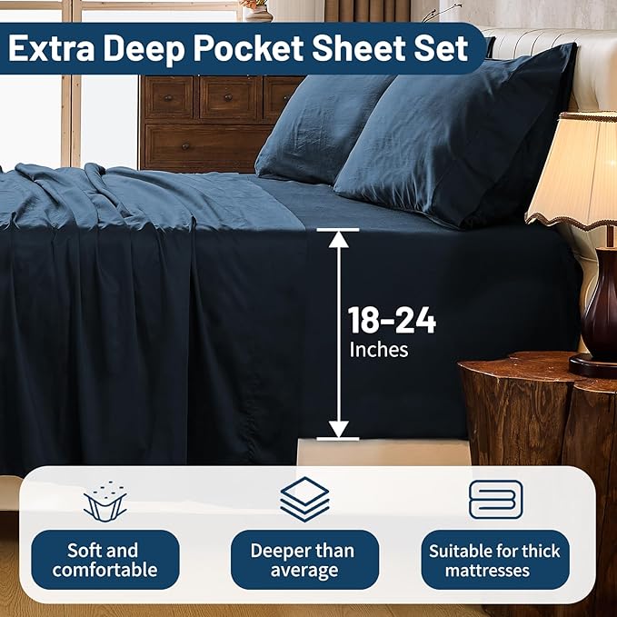 MEISHANG Extra Deep Pocket Cotton Sheets California King - 100% Egyptian Cotton 1000 Thread Count - Fits 18"-24" in Deep Mattress,Oeko-Tex Certified, Soft & Breathable - 4 Piece (Cal King, Navy)