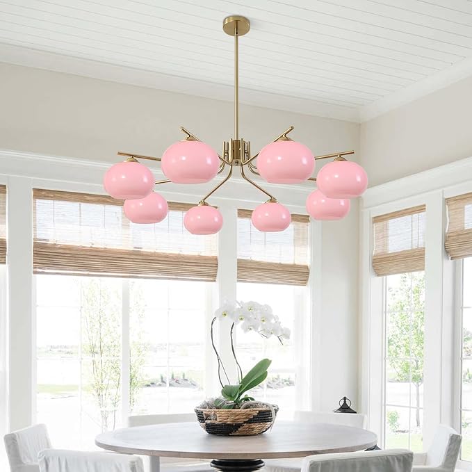 KCO Lighting 8 Lights Pink Bubble Chandelier Modern Kitchen Island Pendant Light Brushed Brass Chandelier Flush Mount Dining Room Living Room Light Fixture