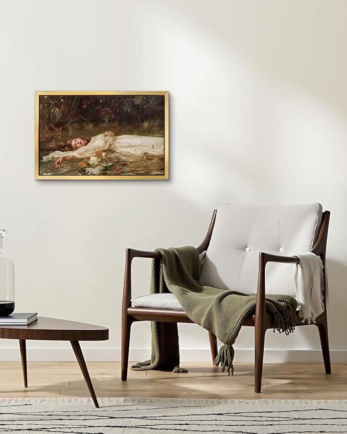 AIMAILON Vintage Gold Canvas Wall Art Framed Decor for Study Room Bedroom Classical Relaxing Young Lady Picture Victorian Summer Pond Lotus Background Artwork Desktop Home Decoration 12x18