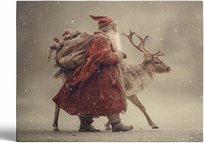Vintage Santa and Reindeer Walking Wall Art Print,Christmas Scenery Print,Nordic Snow Winter Wonderland Print,Cozy Rustic Holiday Home Decor