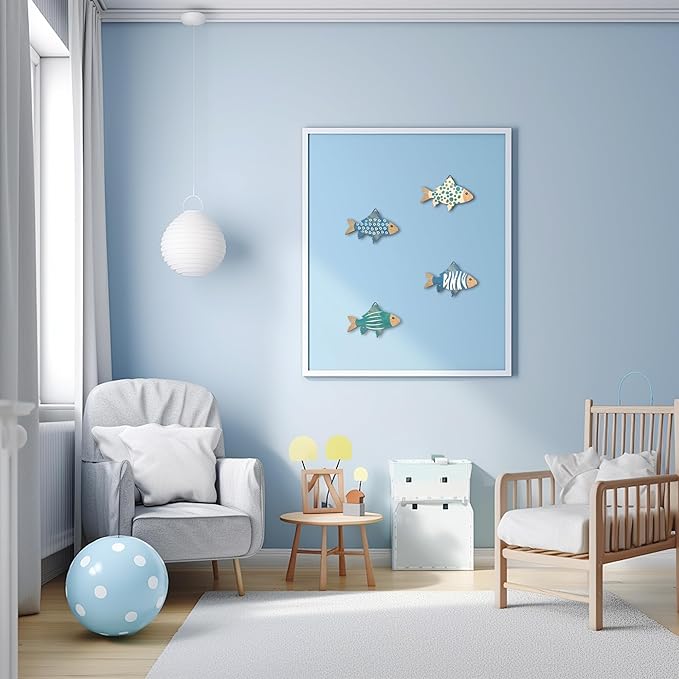 Vumyhuby Wooden Fish Wall Art with Coastal Ocean Theme Decor - Handcrafted Natural Wood Fishs Wall Sculpture Set of 4, Rustic Hanging for Linving Room, Beach, Nautical, or Coastal Home Decoration, Unique Gifts,A