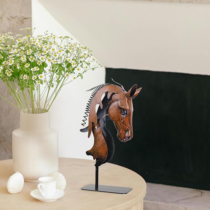 Handmade Horse Statue - Unique Rustic Decor for Office & Home - Hand-Painted Metal Sculpture - Handmade Horses Figurines Gifts for Women/Men (Blue) (Brown)